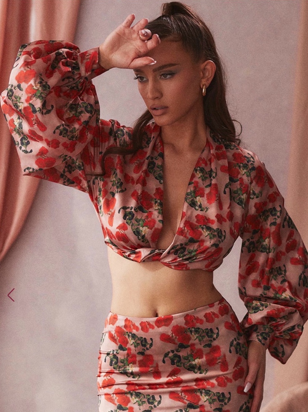 Hose Of Cb Rose Print Satin Plunge Top